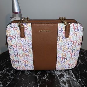 Calvin Klein white brown multi purse monogram